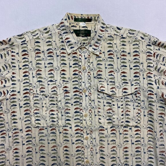 Vintage Orvis Shirt Men's L Beige Short Sleeve Whale All Over Print Button Up - Picture 1 of 12